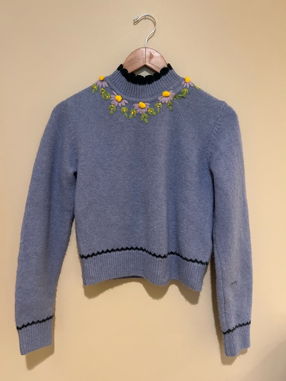 Zara Lavender Floral Embroidered Mock Neck Sweater Size Small